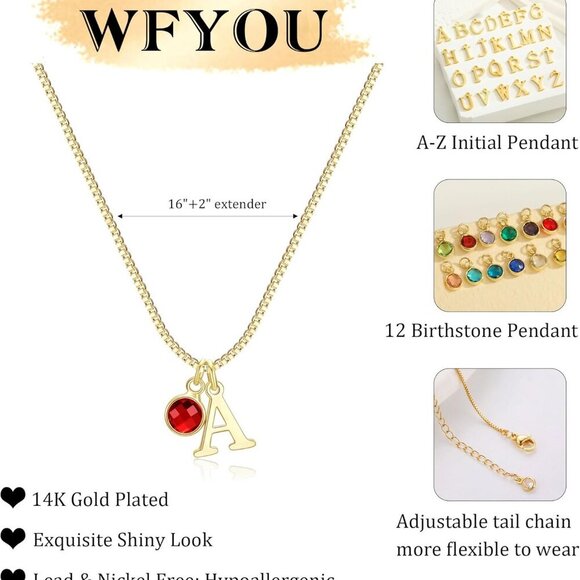 Initial Birthstone Necklaces for Women Trendy 14K Gold Plated Letter A-Z initial - Picture 4 of 6